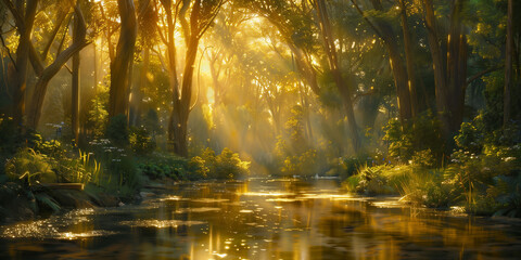 Obraz premium Golden Sunset Over Tranquil Forest Stream - Generative AI
