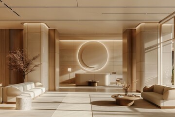 Luxurious hotel lobby with grand design and ambient lighting.