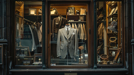 Classic Men's Store Display with Vintage Suit and Surrounding Timeless Fashion Pieces