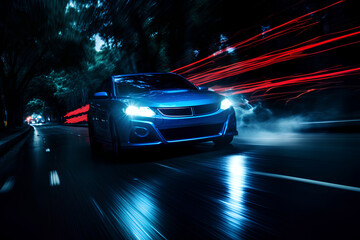 blue car lights at night. long exposure