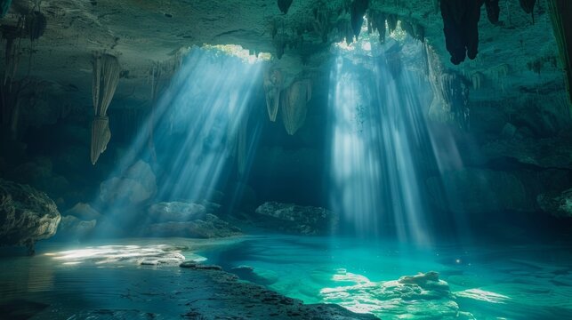 Muted light streams through a halocline in a cenote creating an otherworldly atmosphere.