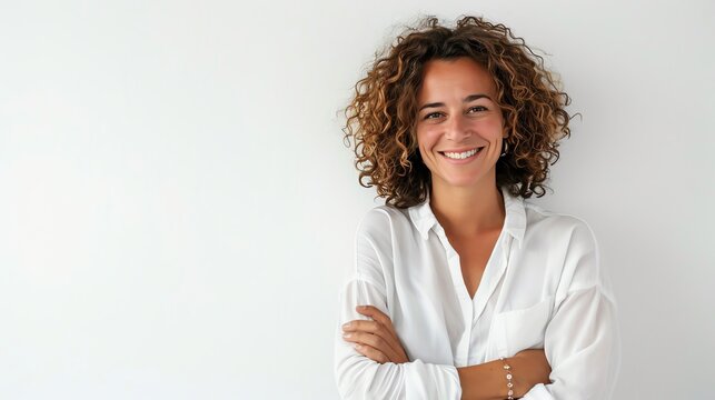 Radiant woman with curly hair, smiling, arms crossed, plain white background, casual attire, isolated, confident and cheerful, copy space