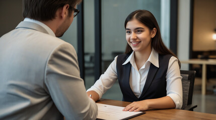 Fototapeta premium Young business woman signing a contract with a man