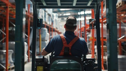 Warehouse worker operating a forklift in an industrial setting, surrounded by shelves stocked with various goods and materials.
