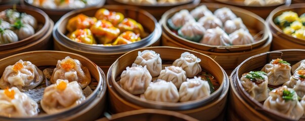 An assortment of colorful, delicious dim sum served in traditional bamboo steamers, showcasing a variety of textures and fillings.