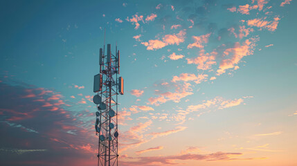 Obraz premium Modern Cell Tower Against Vibrant Sunset Sky