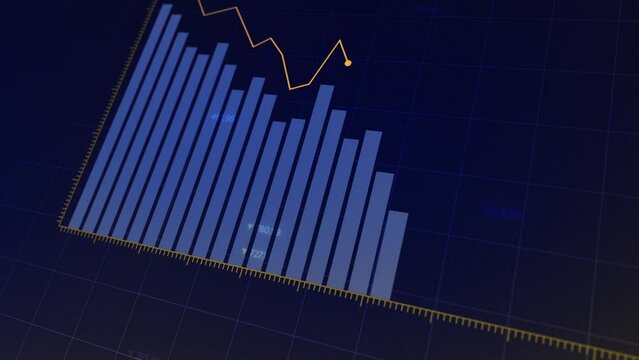 Mesmerizing animated market trends with dynamic charts and bars showcasing cryptocurrency and finance, highlighting profits and losses, increases and decreases.