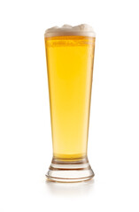 full glass of light beer with a frothy head, set against a white background. The beer's golden hue, bubbles, and slight spillage create a refreshing and inviting scene, ideal for bar and beverage-them