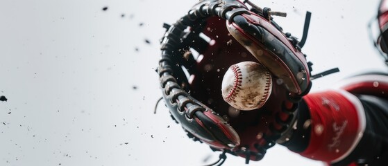 An action shot of a baseball flying into a catcher's mitt during a game, frozen mid-air.