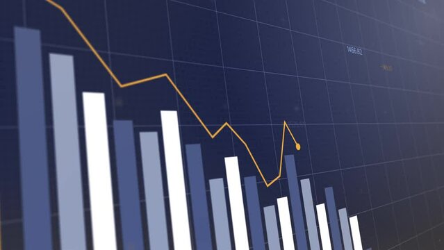 Enthralling animation of fluctuating market trends, charts, bars, diagram showcasing cryptocurrency and finance trading with increase and decrease in profits and losses
