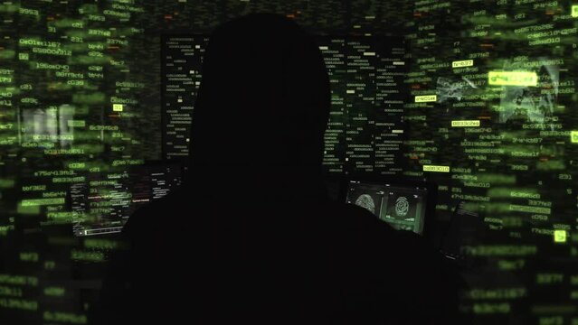 Hooded Hacker Working on Computer. Dark Room With Devices Playing Several Videos Internet Security, Program Code Interface Fingerprint Access. Artificial Intelligence, Augmented Reality, Hologram Tech