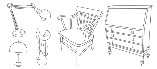 set isolated linear furniture chest armchair lamp vase in vector. interior icon for poster sticker design logo