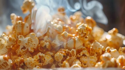 Freshly popped popcorn drizzled with a generous amount of caramel sauce.
