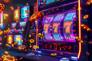 A vibrant digital illustration of a classic slot machine with neon lights, showing three sevens in a row, surrounded by glowing coins in a lively casino environment