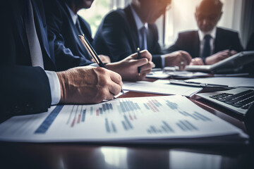 business accounting team meeting in room office using pen pointing at paperwork. finance concept