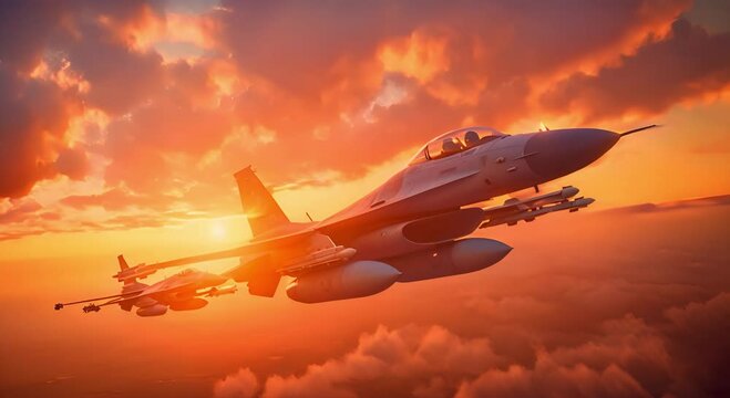 flying over the cities at sunset jet fighter f16 with great speed.Patrol of military combat aviation, protection of state borders concept. AI generated