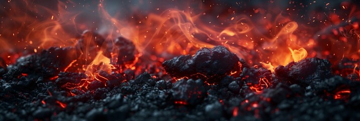 A closeup of the red and black flames in an ash-filled fireplace, creating an intense visual experience.