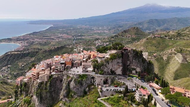 Aerial view of Castelmola village near Taormina in Sicily, Italy
