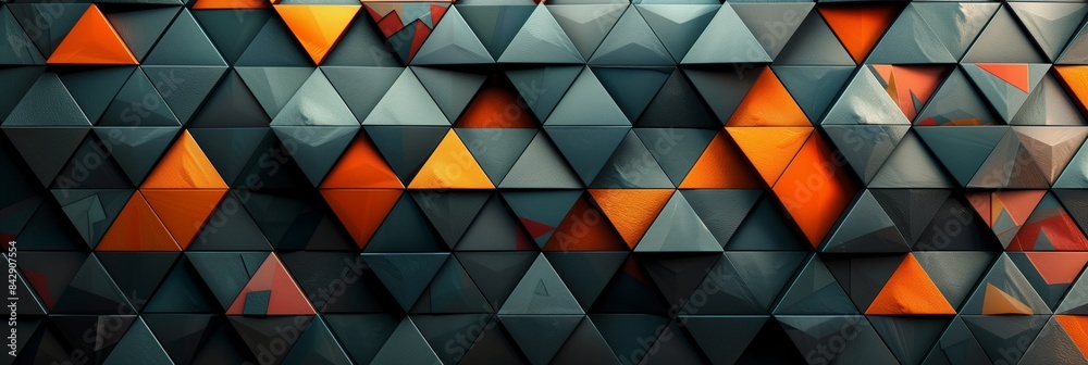 Poster A pattern of dark teal and orange triangles, creating an abstract background with geometric shapes in the style of geometric shapes