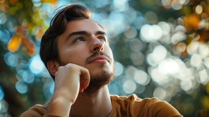 Pensive young man gazing into the distance, hand near face, serene natural light, isolated, modern and reflective, copy space