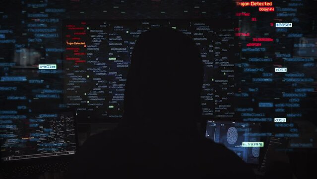 Male Hacker in Casual Hooded Jacket on Chair Hacking Futuristic System. Animations Playing in Several Holographic Screens. Cybersecurity Keywords and Binary Code Animations, Security Breach.