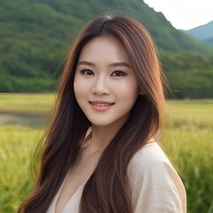 Naklejka premium Pretty Asian beauty woman long hair with japanese makeup glowing face and healthy facial skin portrait smile on isolated nature background