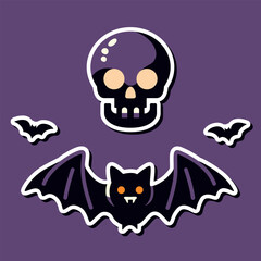 Skull and bat collection of halloween elements sticker illustration