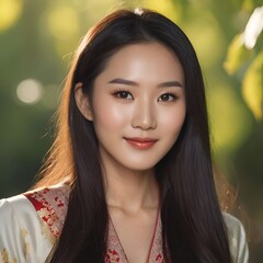 Fototapeta premium Pretty Asian beauty woman long hair with japanese makeup glowing face and healthy facial skin portrait smile on isolated nature background