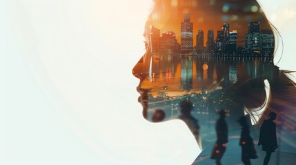 Pensive woman s profile with overlay of a jubilant group, conceptual cityscape, leadership and teamwork, isolated, future vision, copy space