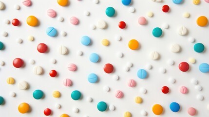 Colorful pills arranged in a pattern on a white surface with copy space for medical and health concept