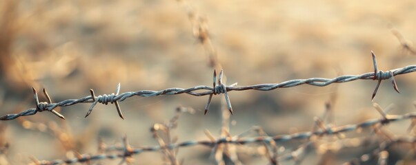 Close-up of barbed wire fence with blurred background. Symbol of security, restriction, and boundaries in rural or agricultural settings.