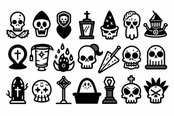 icons, skull, set, halloween, vector, illustration, sign, black, icon, symbol, pattern, design, football, web, seamless, flower, alphabet