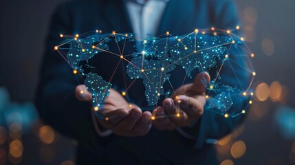 Digital technology, businessman holding Global network connection. Big data analytics and business intelligence. World map point and line composition of global business. innovation, generate by AI.