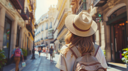 Backview of Tourist in Malaga, Spain - Hat and Backpack on Summer Day