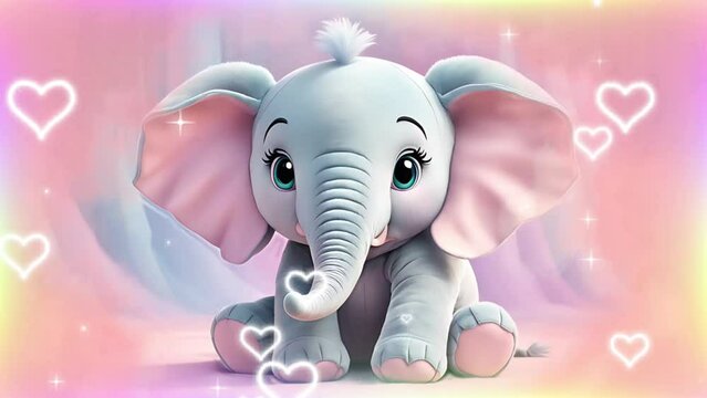 Charming baby elephant sitting with hearts floating around in a pastel-colored background. Adorable animal concept