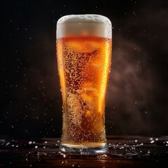 Refreshing Cold Craft Beer in Frosty Glass on Wooden Table with Condensation Drips