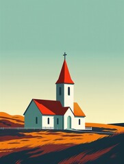 Naklejka premium Church on hill in field under blue sky, peaceful religious landscape travel destination concept