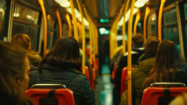 Adult people sit on the bus and go home in the evening or to work in the morning. Crowded public transport. Passengers inside the car. Daily routine. The fare is rising. City life.