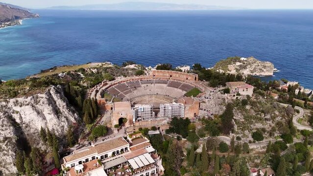 Aerial view of The Greek Theatre of Taormina (Teatro Antico di Taormina), Sicily