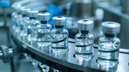Medical vials on production line at pharmaceutical factory, Pharmaceutical machine working pharmaceutical glass bottles production line, health care, pandemic