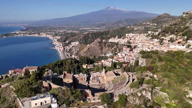 Aerial view of The Greek Theatre of Taormina and Mount Etna, Sicily, Italy