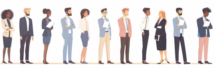 Obraz premium A group of business people standing in line with a white background and pastel colors featuring simple shapes giving it a professional look Generative AI