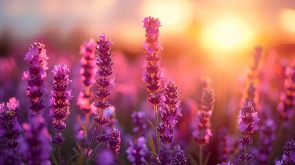 Detailed close-up of vibrant purple lavender flowers with a beautifully blurred sunset in the background