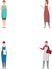 Obraz premium Illustrations of four professionals including a barista, chef, waiter, and baker