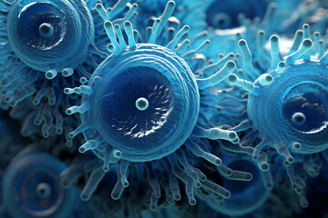 close up of 3d microscopic blue bacteria