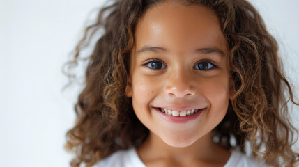 Close-up portrait of a young girl with curly hair, smiling brightly against a white background, exuding happiness and innocence.
