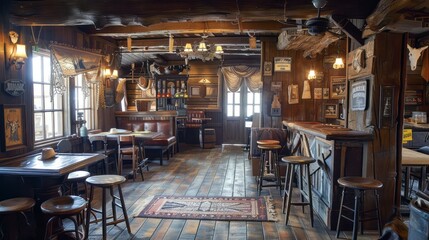 A cozy and rustic saloon interior with a wooden bar, stools, and tables