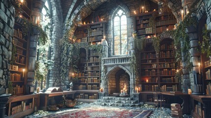 A grand library with towering bookshelves, intricate stonework, and vines reaching for the light