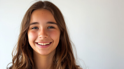 Naklejka premium Close-up portrait of a young girl with curly hair, smiling brightly against a white background, exuding happiness and innocence. 