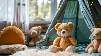 Two plush teddy bears sit inside a play tent near a window
